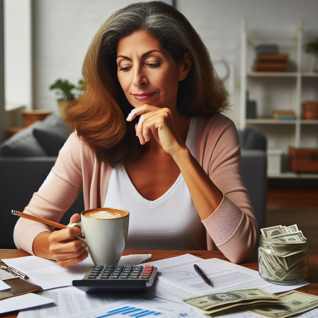 Woman sitting with coffee cup and thinking