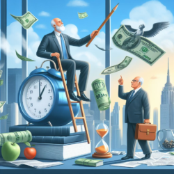 Men sitting and standing with money flying over their heads