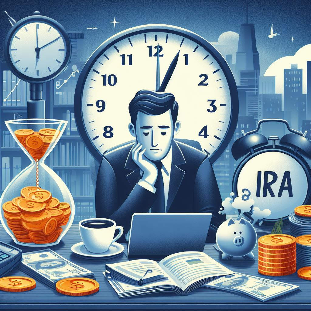 Man sitting at a desk with his laptop and a big clock behind him.
