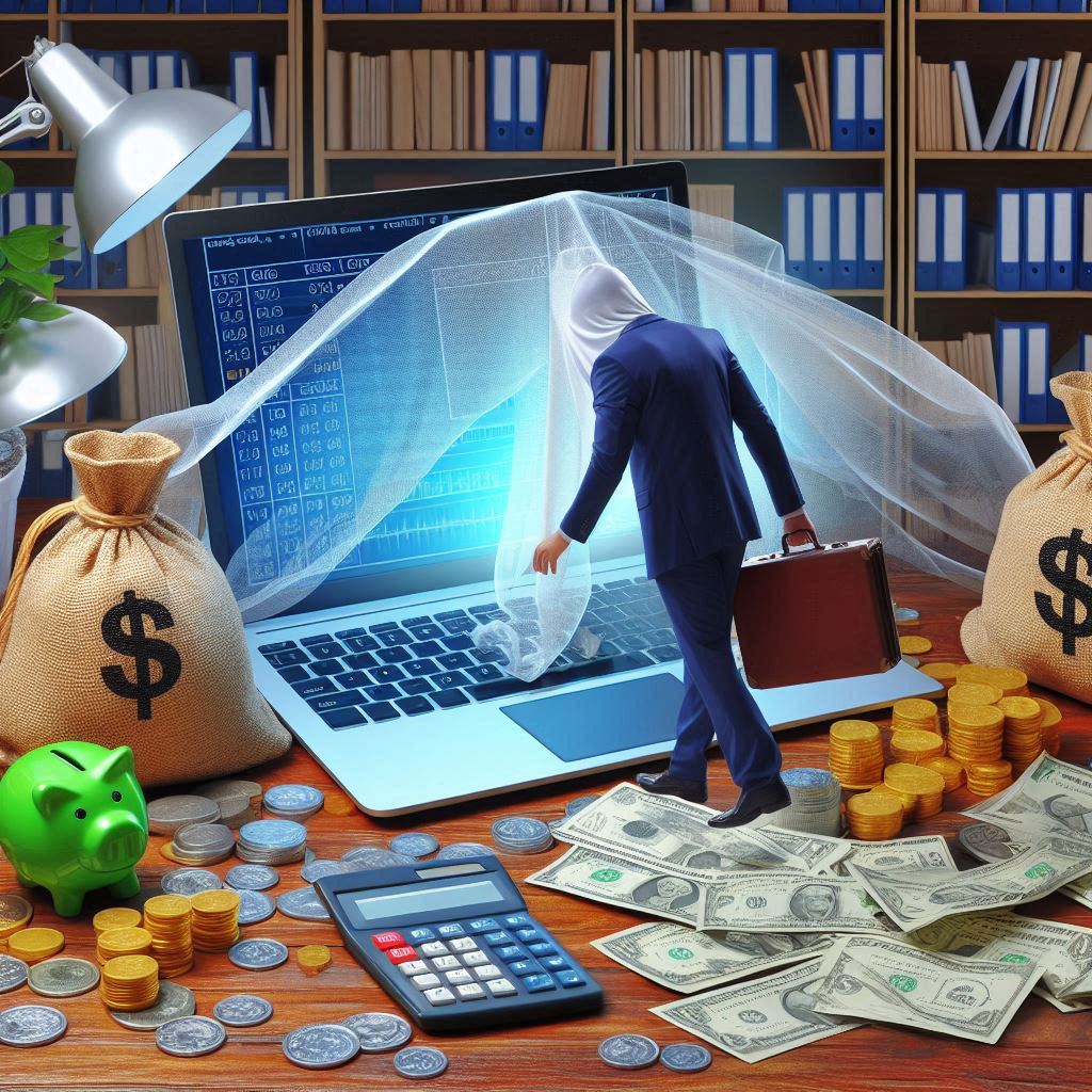 man walking into a laptop computer with money on the ground all around him.