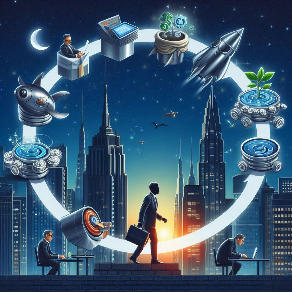 man walking with a circle of tasks around him