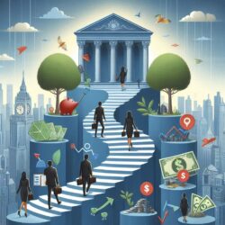 people walking up stairs to a financial institution