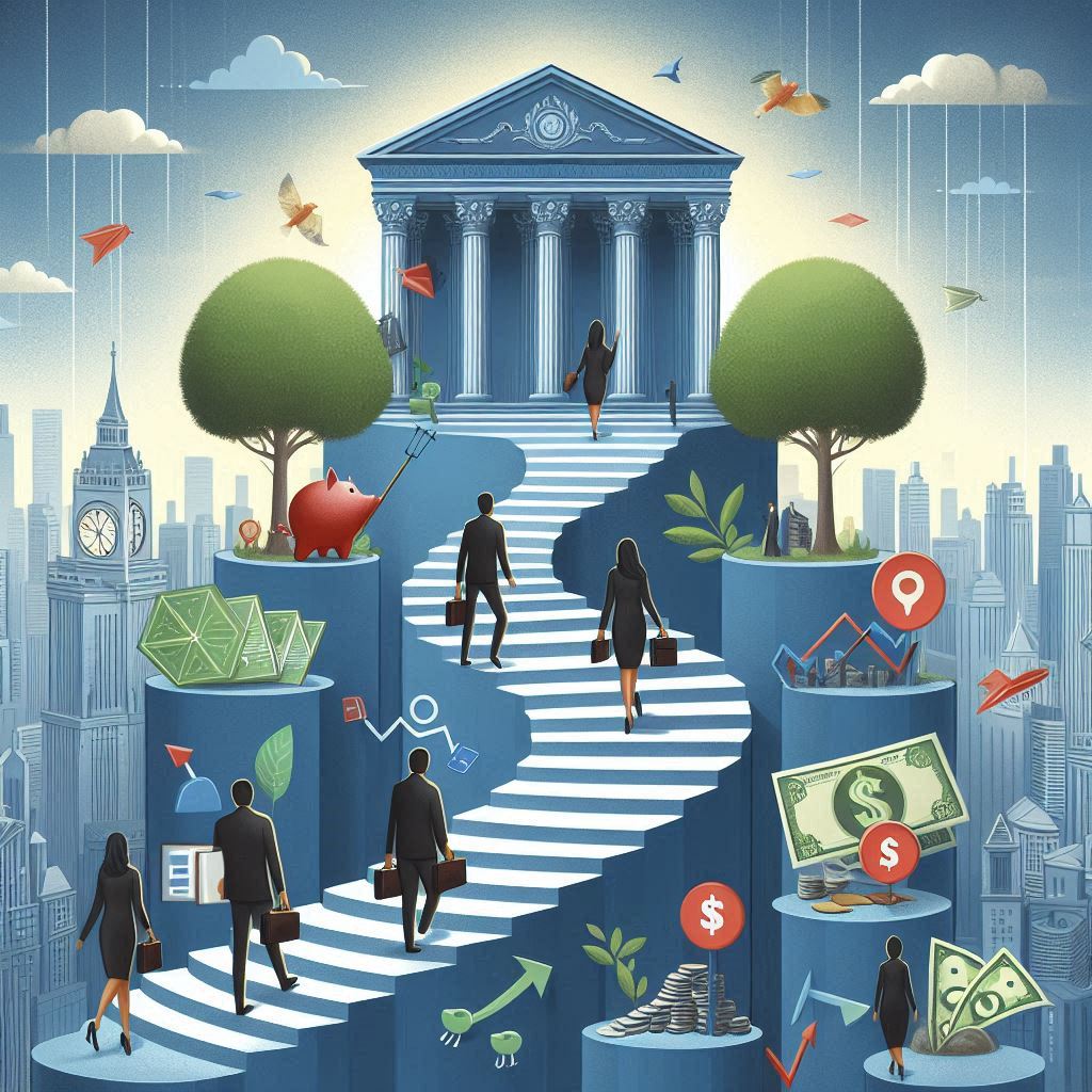 people walking up stairs to a financial institution