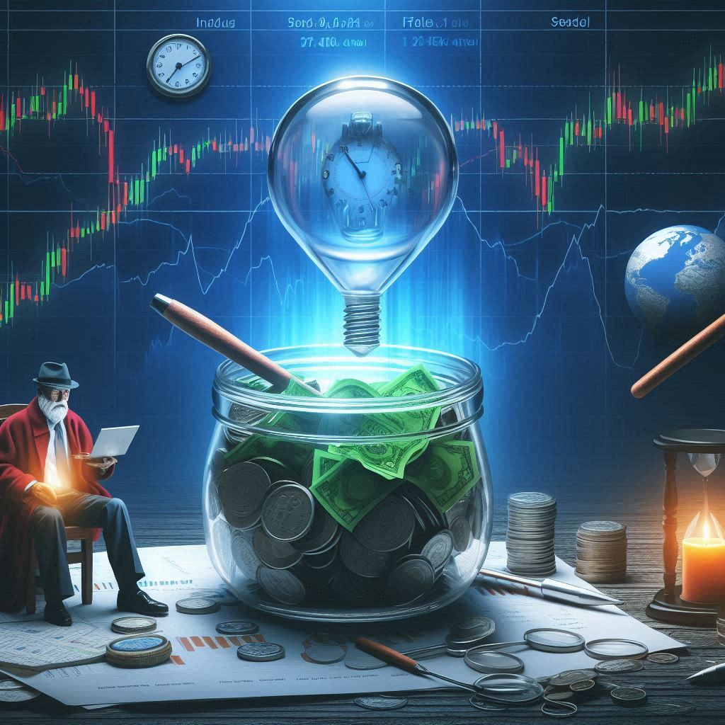 a large glass bowl with change and paper money with an old man sitting next to it looking in.