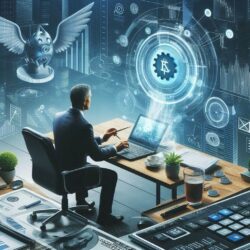 man sitting at computer desk looking forward at a massive projected image.