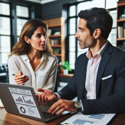 Man and woman talking in front of a laptop.