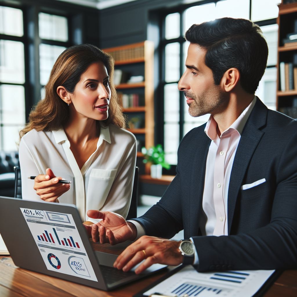 Man and woman talking in front of a laptop.