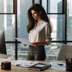 Business woman in office looking at papers.