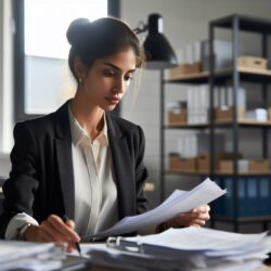 Woman reviewing paperwork at her desk.
