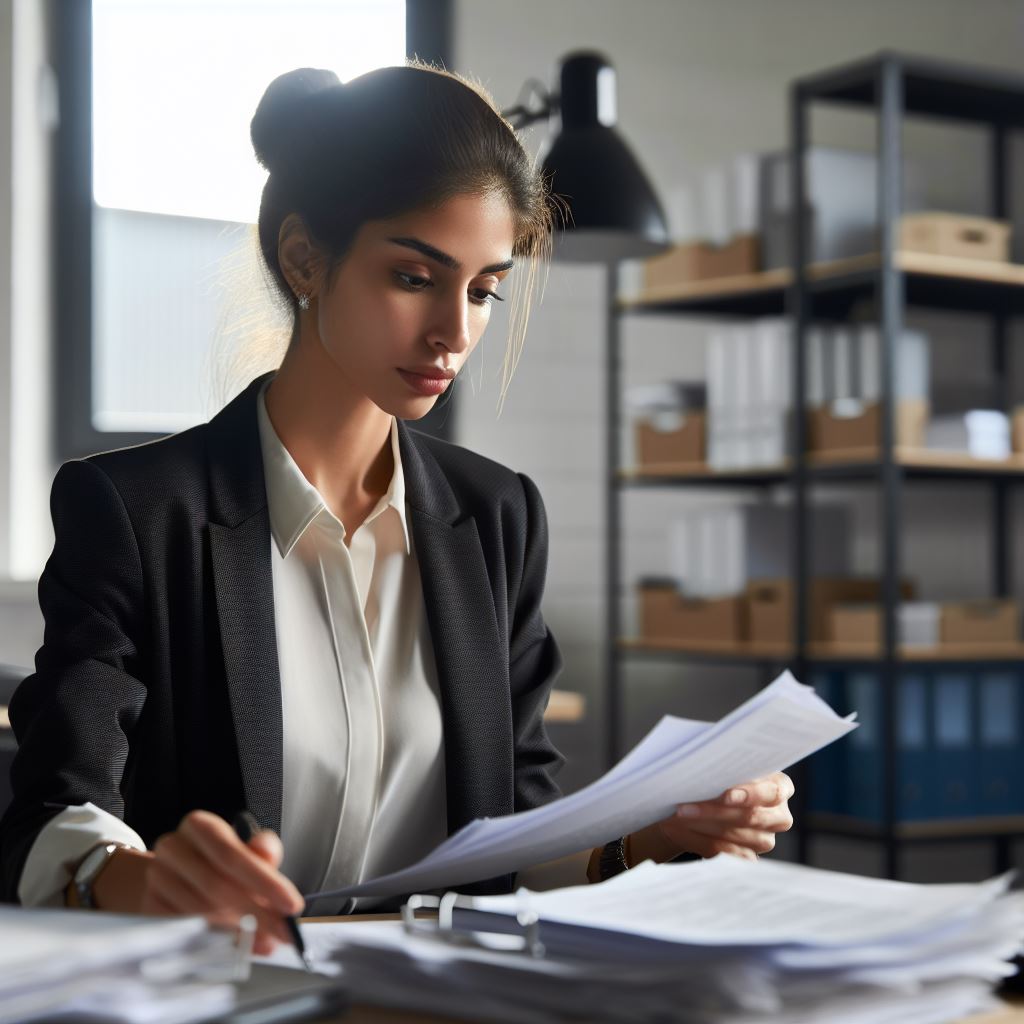 Woman reviewing paperwork at her desk.