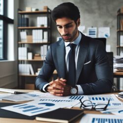 Business man sitting at desk looking at papers making a decsion.