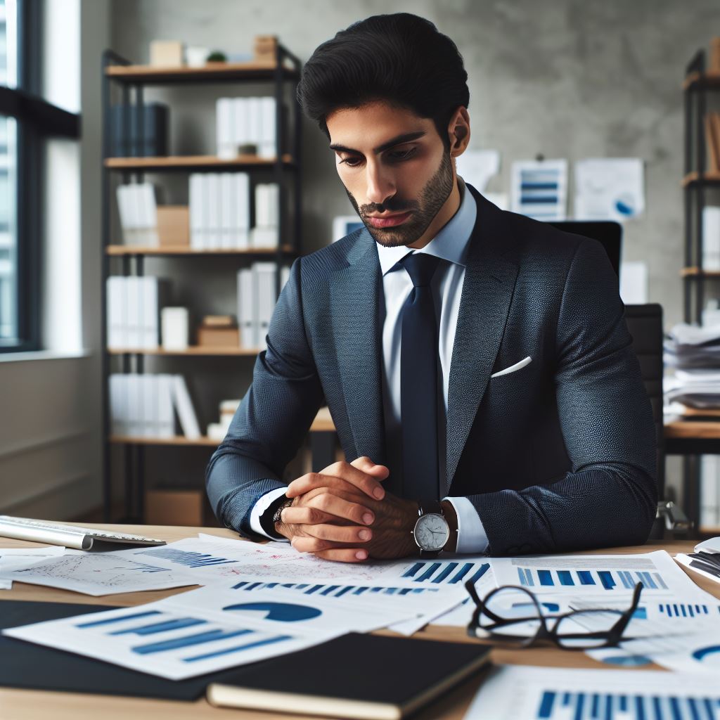 Business man sitting at desk looking at papers making a decsion.