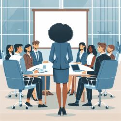 Woman at head of conference table speaking with people sitting around it.