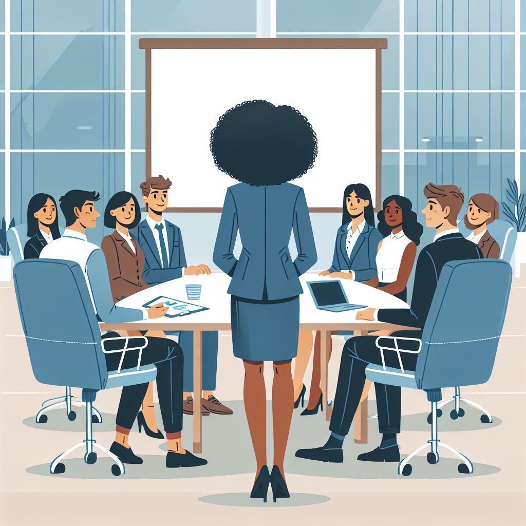 Woman at head of conference table speaking with people sitting around it.