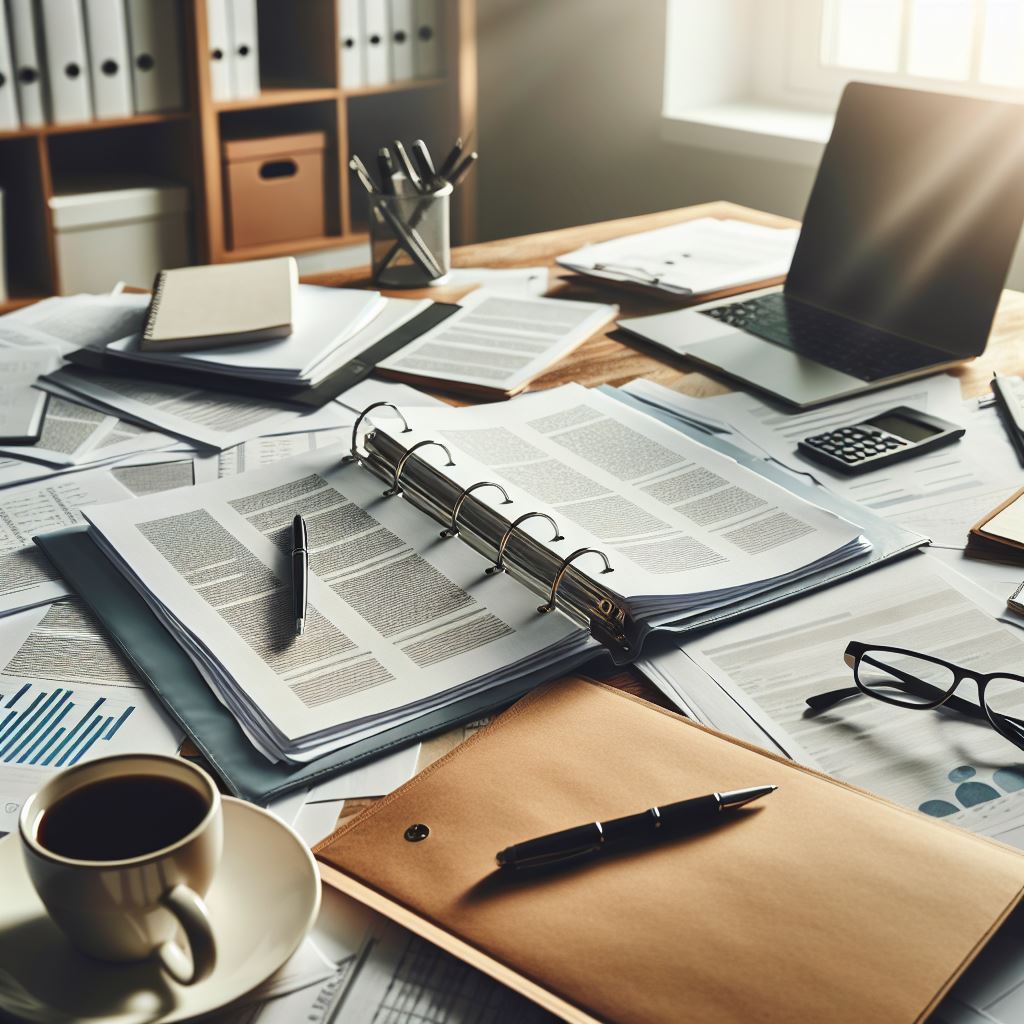 Business desk with papers and folders spread out.