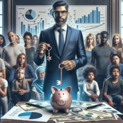 Business man at a conference table with a piggy bank in front of him and people surrounding him.