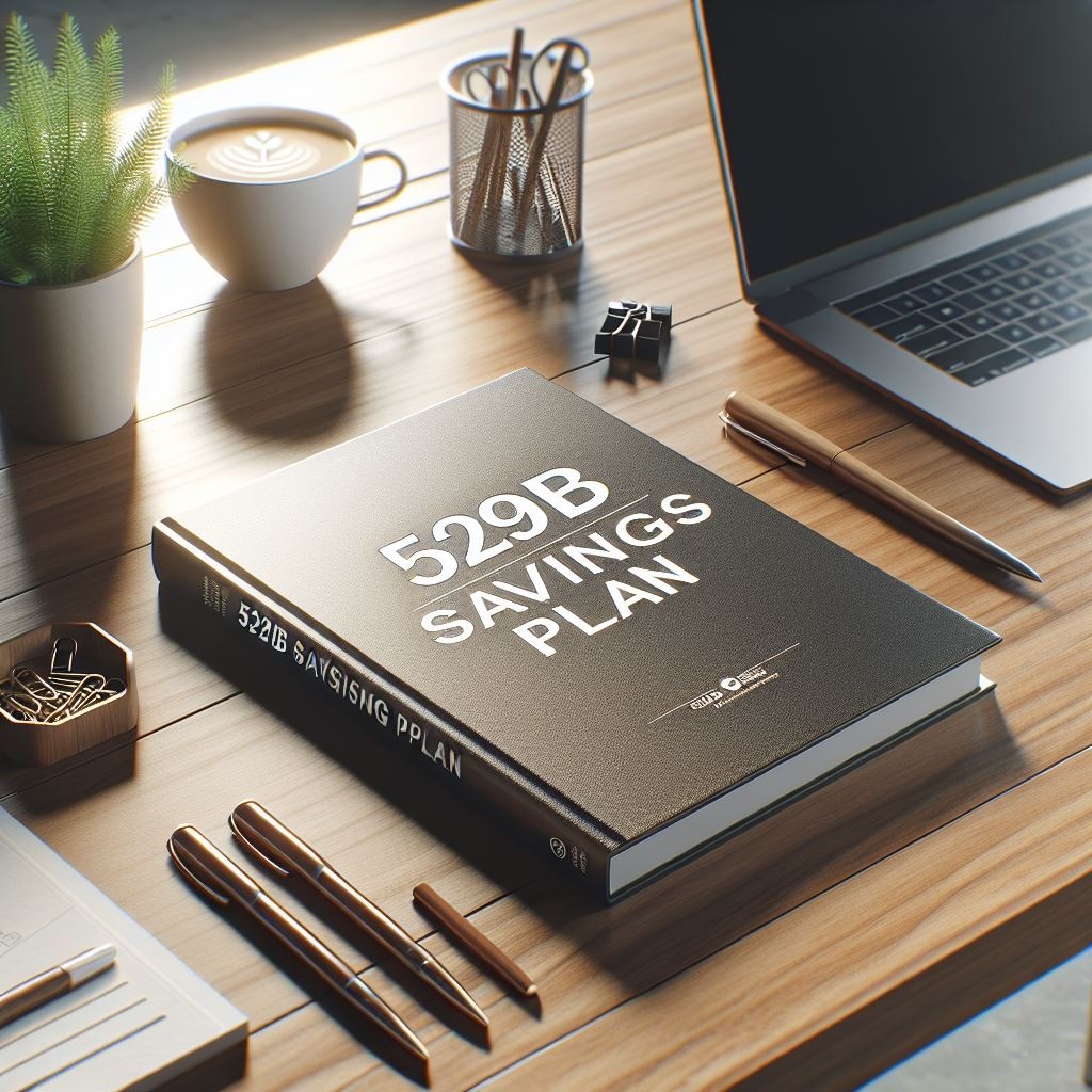 Hard cover book sitting on desk that reads "529B Savings Plan"