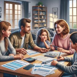 Family sitting with Financial Advisor at a table planning for college savings