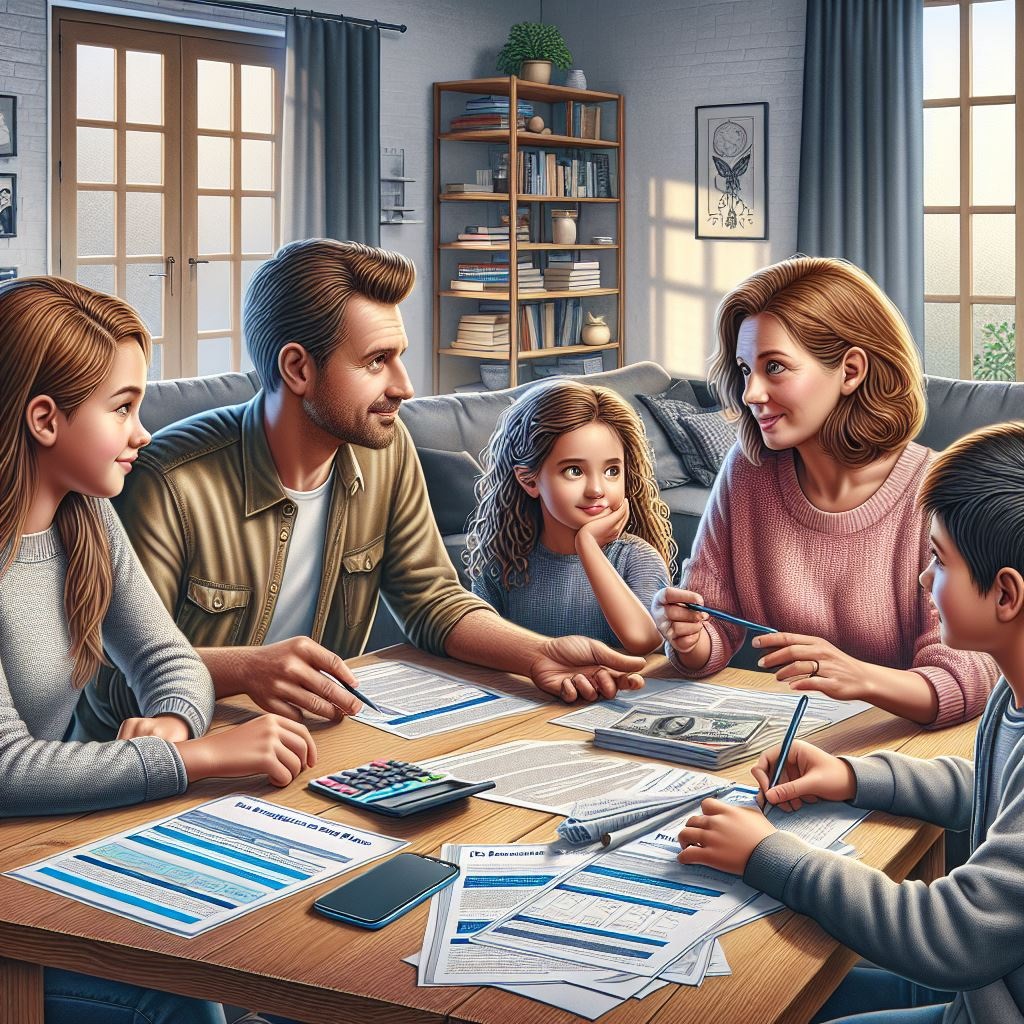 Family sitting with Financial Advisor at a table planning for college savings