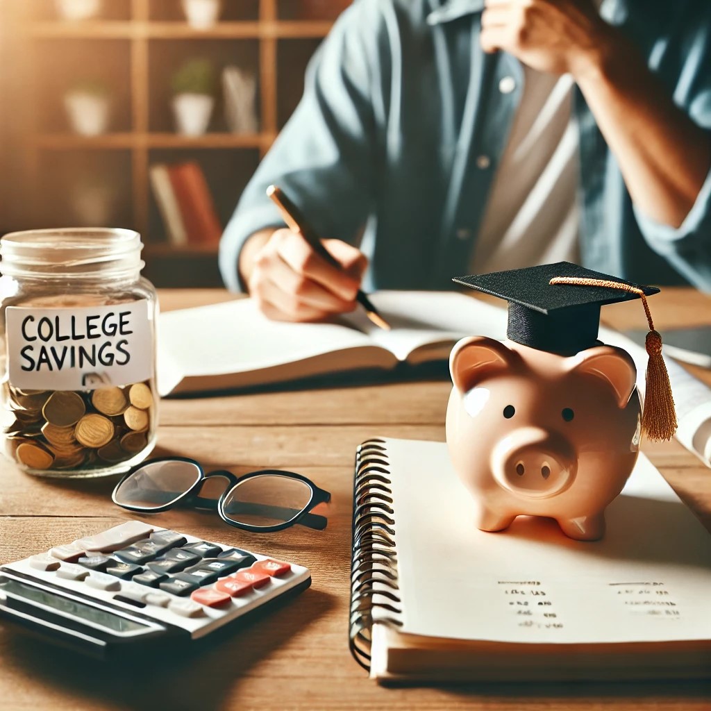 Piggy bank, calculator and jar titled College Savings on table with man writing in journal.