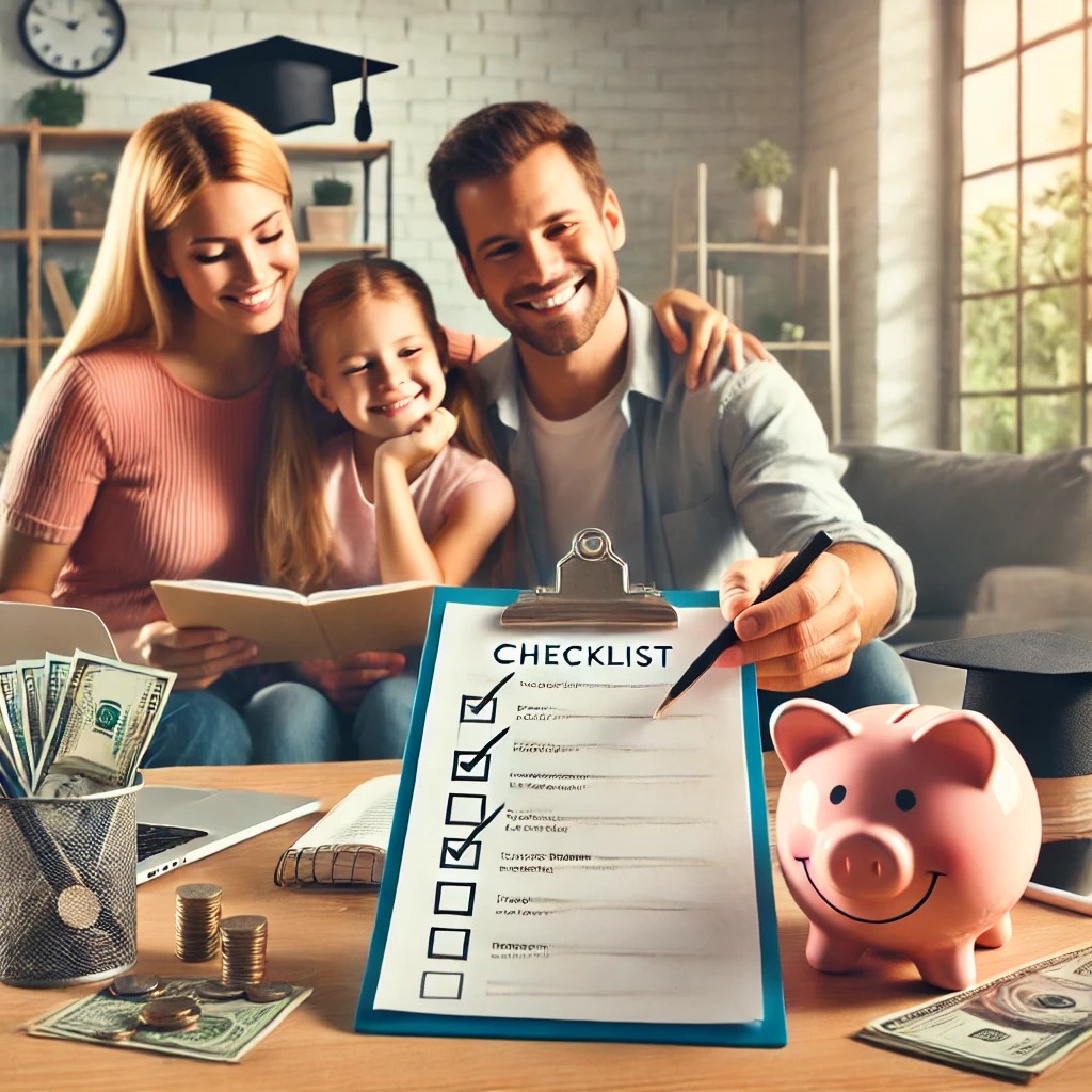 Family of three with a check list for college savings