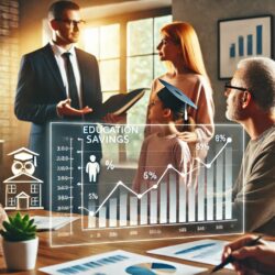 Man and woman talking with a chart indicating an upward trend.