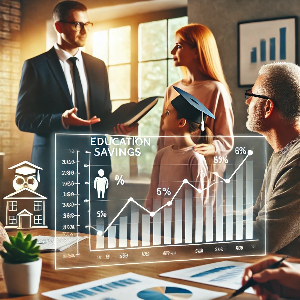 Man and woman talking with a chart indicating an upward trend.