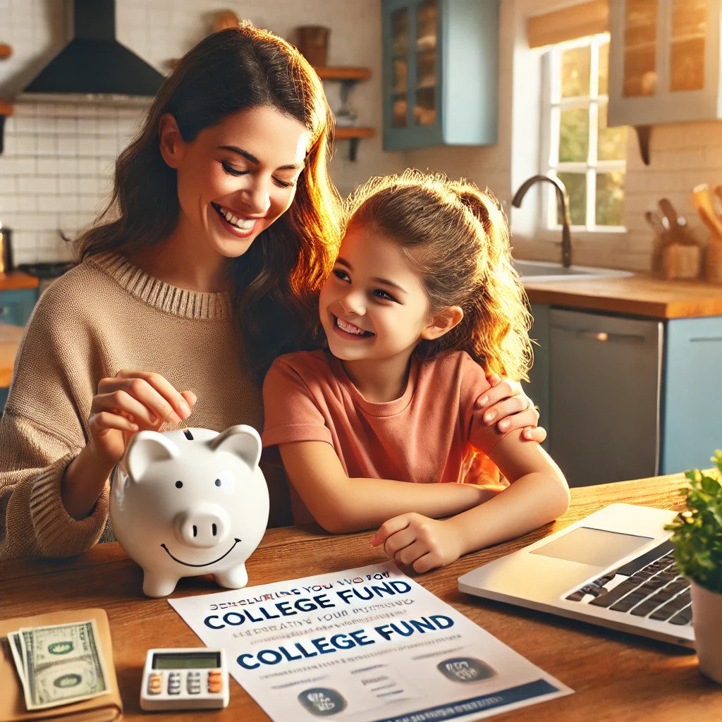 Mom and daughter sitting at table with a piggy bank