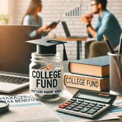 Jar with the words "college fund" and money in it with a calculator next to it.