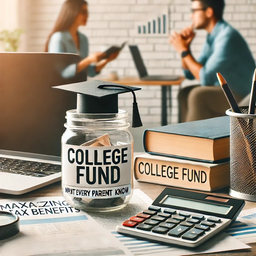 Jar with the words "college fund" and money in it with a calculator next to it.