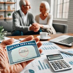 An older couple sitting at a table and there is a social security card too