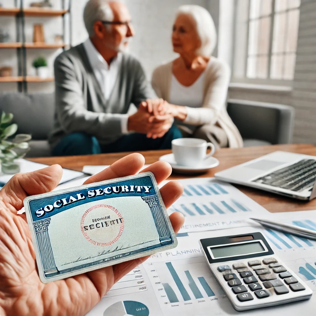 An older couple sitting at a table and there is a social security card too