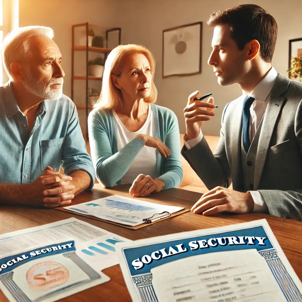 Elder man and woman sitting with a Financial Advisor discussing Social Security