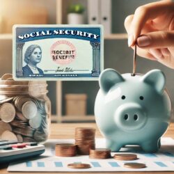 Social Security card and a hand putting change in a piggy bank.