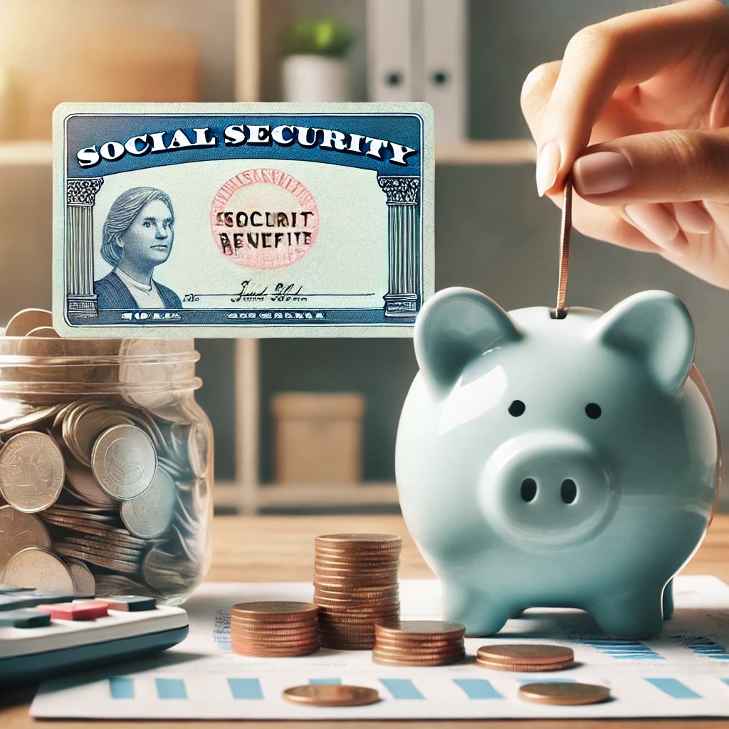 Social Security card and a hand putting change in a piggy bank.