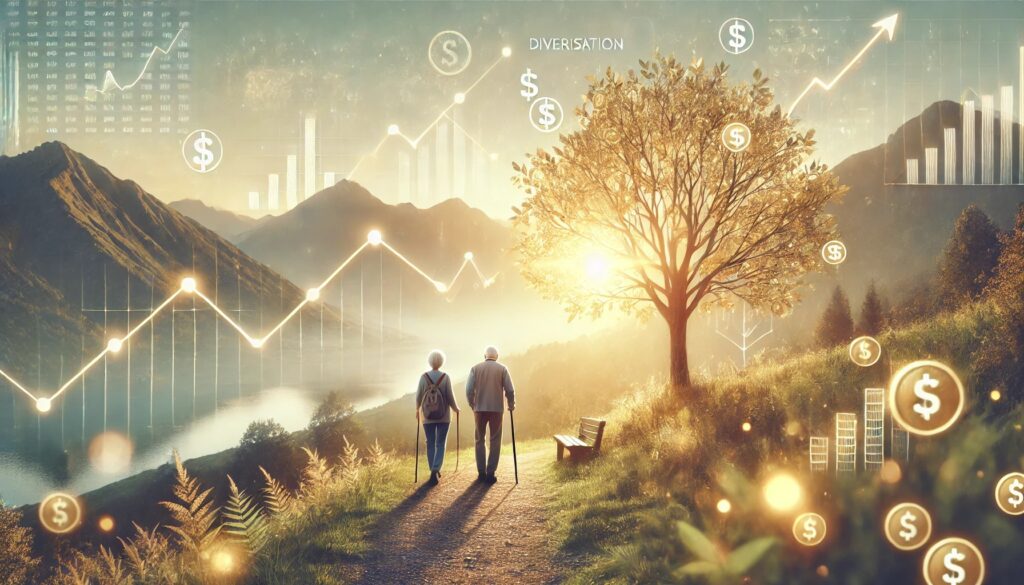Man on woman on walking path in mountains.