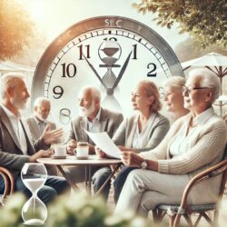 Elderly couple showing them age through the years with a clock in the background.
