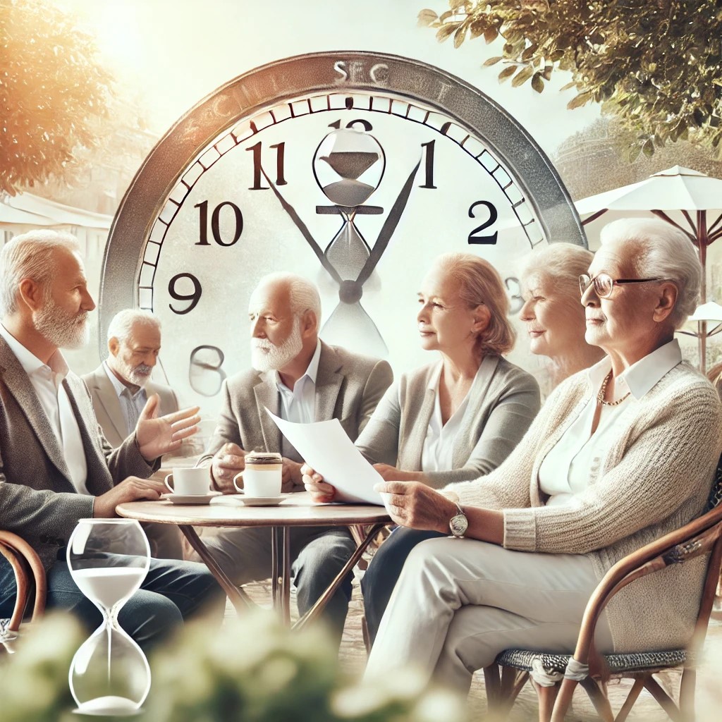 Elderly couple showing them age through the years with a clock in the background.