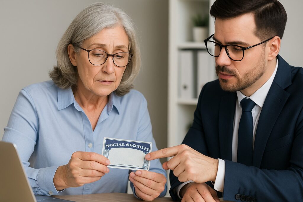 Young Financial Advisor sitting with elder woman holding a Social Security Card
