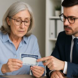 Young Financial Advisor sitting with elder woman holding a Social Security Card