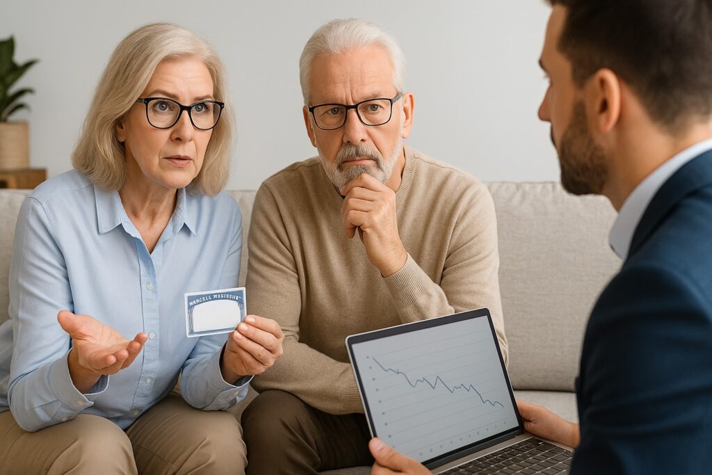Elder man and woman sitting with a Financial Advisor