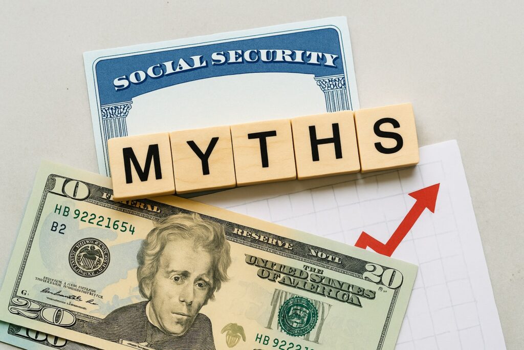 Social Security card with a 20 dollar bill and the word myths spelled out.