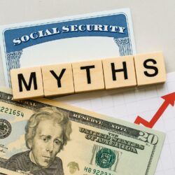 Social Security card with a 20 dollar bill and the word myths spelled out.