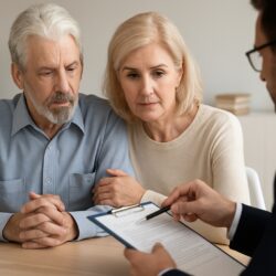 elder couple sitting with a financial advisor