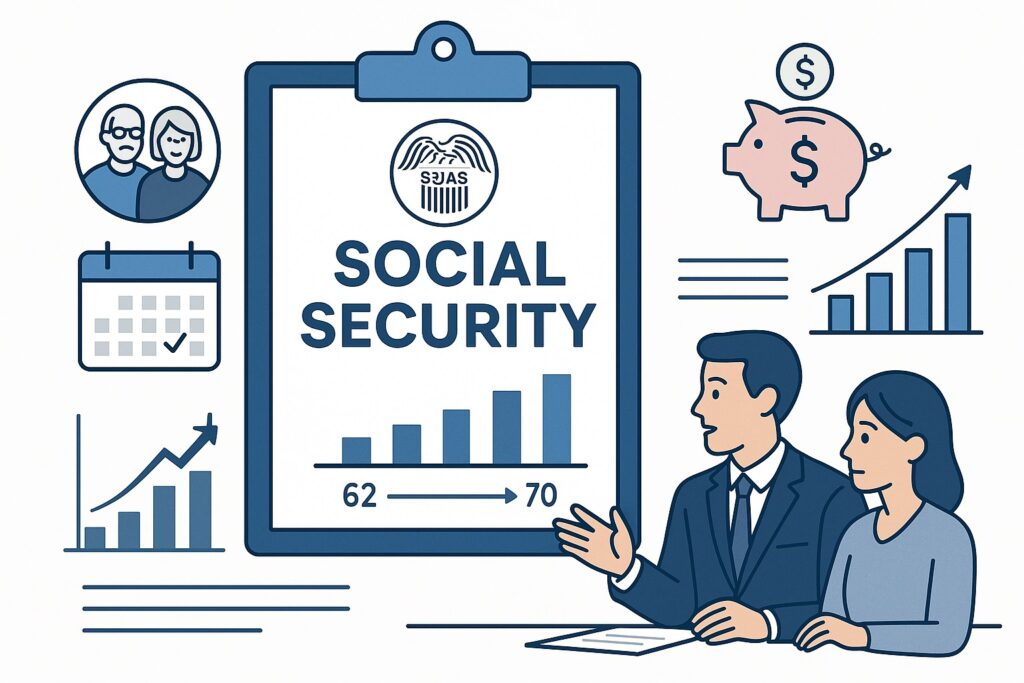 Drawing of man and woman looking at charts with the word Social Security on it.