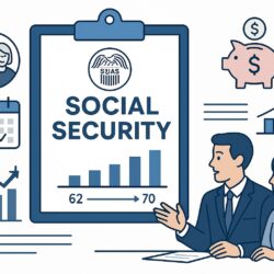 Drawing of man and woman looking at charts with the word Social Security on it.