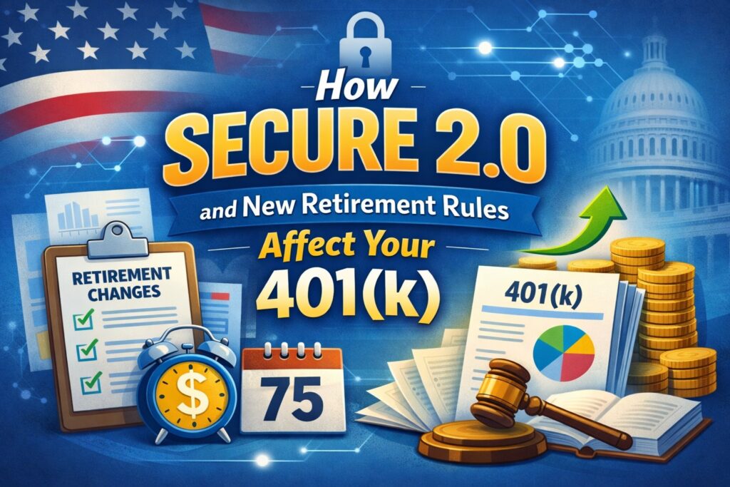 Illustration showing how SECURE 2.0 retirement law changes affect a 401(k), including icons for retirement rules, required minimum distributions, financial planning, and U.S. legislation.