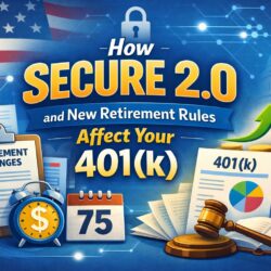 Illustration showing how SECURE 2.0 retirement law changes affect a 401(k), including icons for retirement rules, required minimum distributions, financial planning, and U.S. legislation.