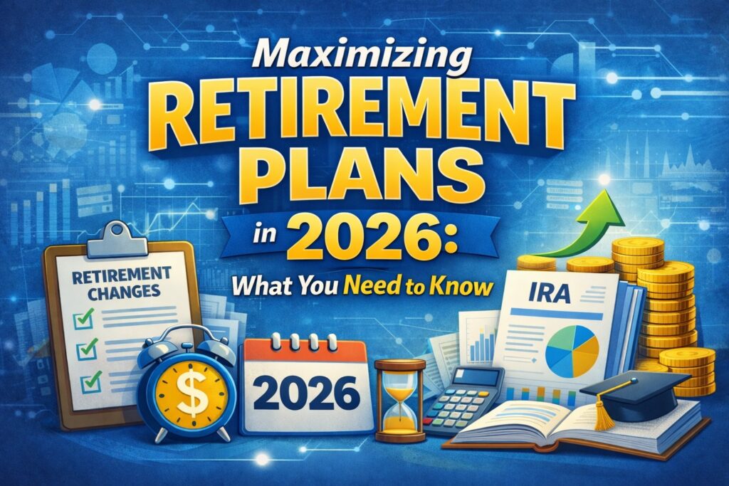 Graphic illustrating retirement planning strategies for 2026, including IRA and 401(k) documents, financial charts, a calendar, and growth symbols representing updated retirement rules.