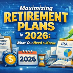 Graphic illustrating retirement planning strategies for 2026, including IRA and 401(k) documents, financial charts, a calendar, and growth symbols representing updated retirement rules.